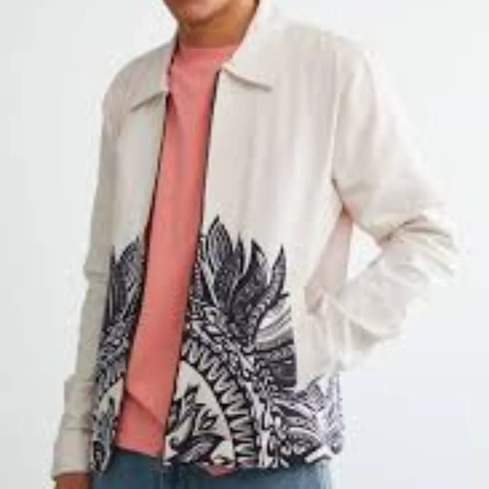 NWOT RAGA MAN‎ Men's Graphic Print Canvas Full Zip Jacket, Size Small, Cream